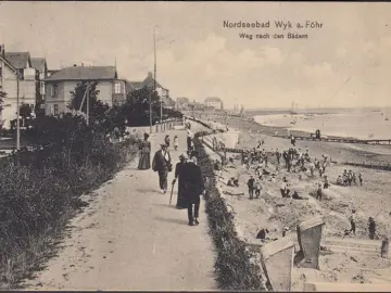 AK Wyk auf Föhr, Weg nach den Bädern, Strand, Strandkörbe, gelaufen 1913