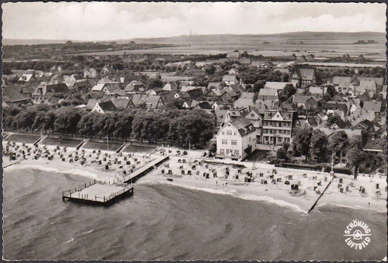 AK Wyk auf Föhr, Fliegeraufnahme, Strand, Promenade, gelaufen 1955