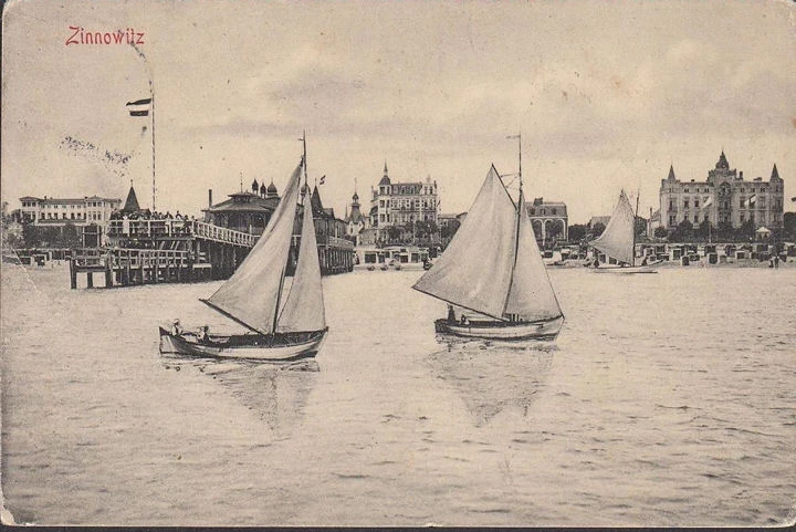 AK Zinnowitz, Brücke, Hotels, Strand, Segelboote, gelaufen