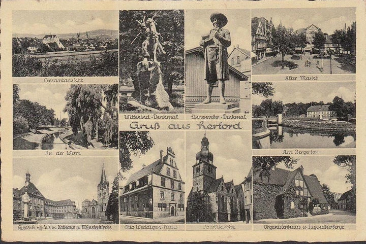 AK Herford, Markt, Rathaus, Weddiger Haus, Jugendherberge, gelaufen 1939